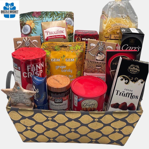 A  Calgary sympathy gift basket comprising of quality gourmet snacks arranged in a rectangular golden fabric container.
