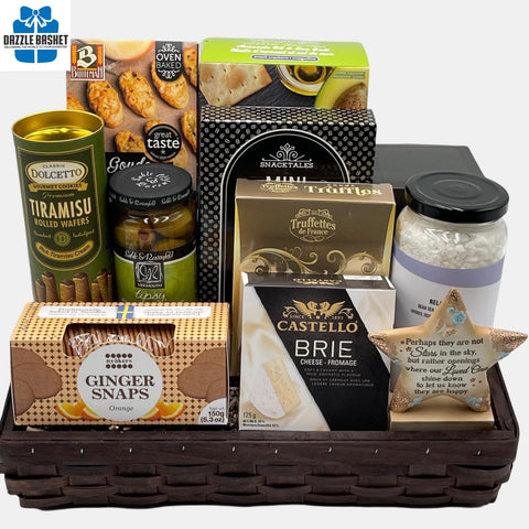 A  Calgary sympathy gift basket comprising of quality gourmet snacks arranged in a chocolate brown container.