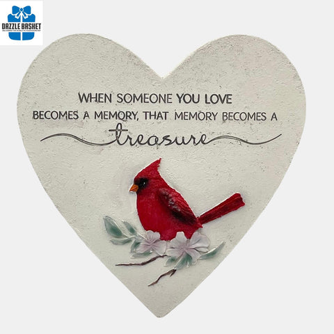 Heart-shaped 11"garden stone with a red cardinal and floral design, featuring an inspirational quote remembering a loved one.
