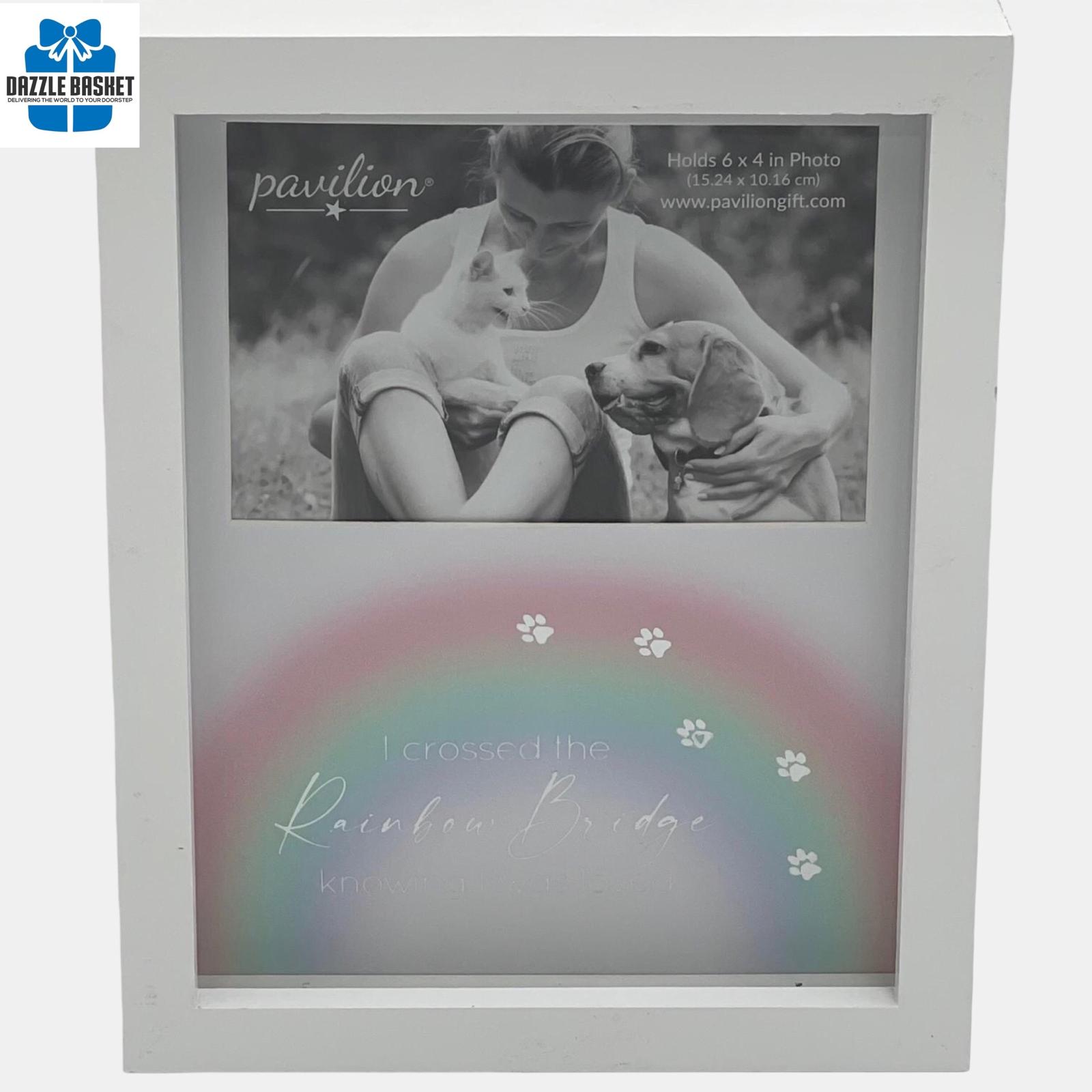 Pet remembrance white photo frame with a rainbow bridge design at the bottom.