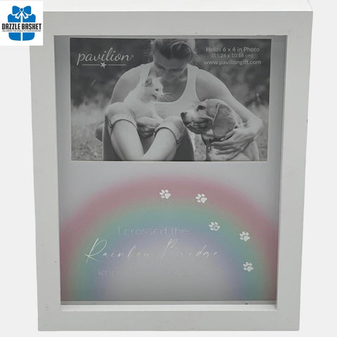 Pet remembrance white photo frame with a rainbow bridge design at the bottom.