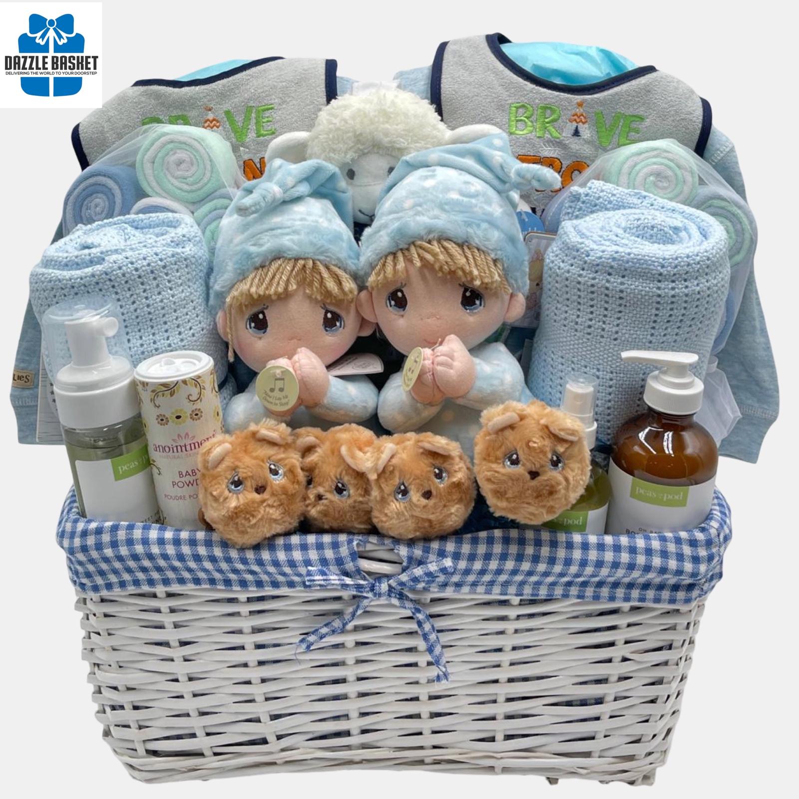 A made in Calgary twins gift basket that includes top of the line baby products including blanket, baby care products, plush toys that the twins will need during their first few months.