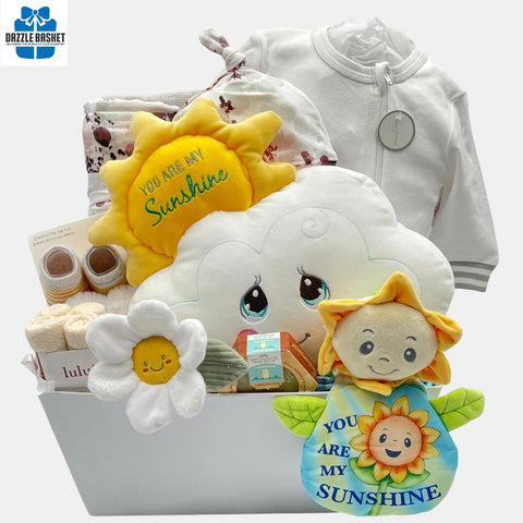 A made in Calgary unisex baby gift basket for a baby. It includes everything that baby will need during the first few months. Great gift for newborn.