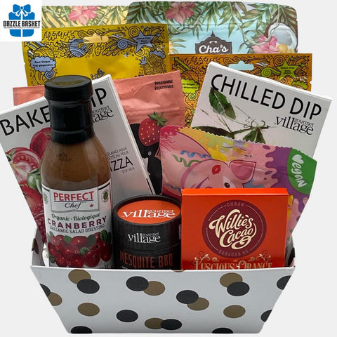 Celebrate togetherness with this amazing vegan gourmet gift basket. This beautiful made in Calgary gift basket is filled with gourmet snacks that your loved ones will cherish.