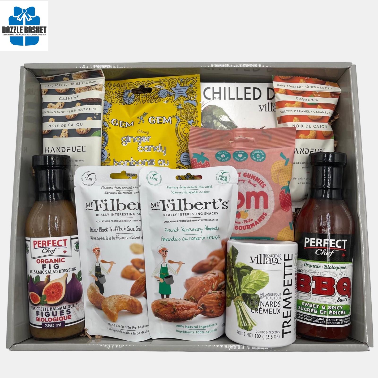 Assorted snack and sauce package of vegan and gluten free products in a box