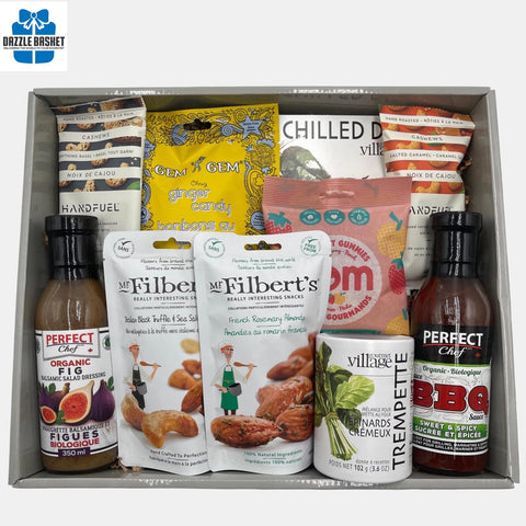 Assorted snack and sauce package of vegan and gluten free products in a box