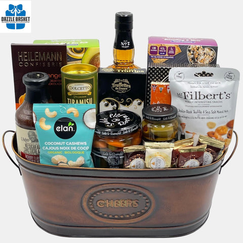 A perfect made in Calgary whiskey gift basket that is overflowing with delicious gourmet products that can be savored with a round of Jack Daniel whiskey included in the basket.