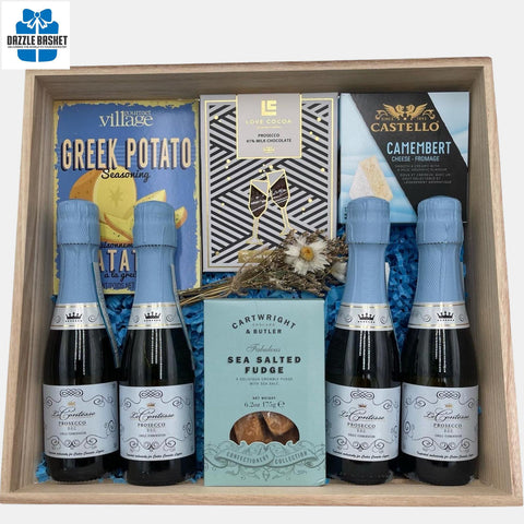 Gift baskets Calgary-Made in a wooden crate, this made in Calgary Prosecco gift basket includes an award winning bottle of Prosecco and tasty gourmet snacks. 