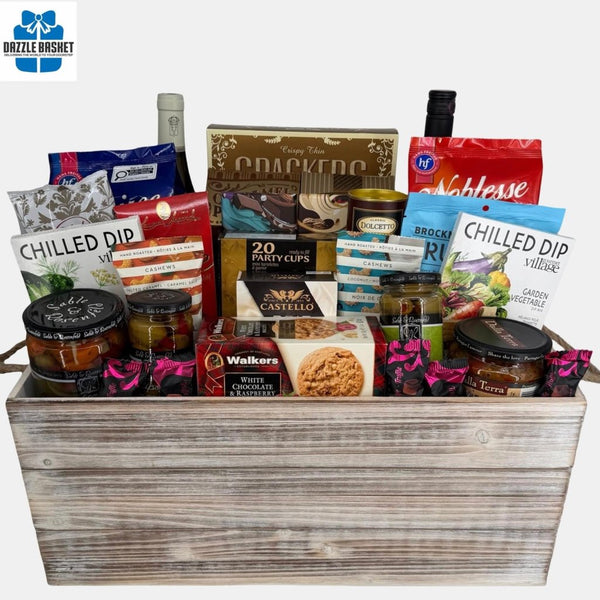 A Calgary gift basket from Dazzle Basket: Massive basket that comes with a huge collection of delicious gourmet snacks and 2 bottles of wine packed in a wooden crate.