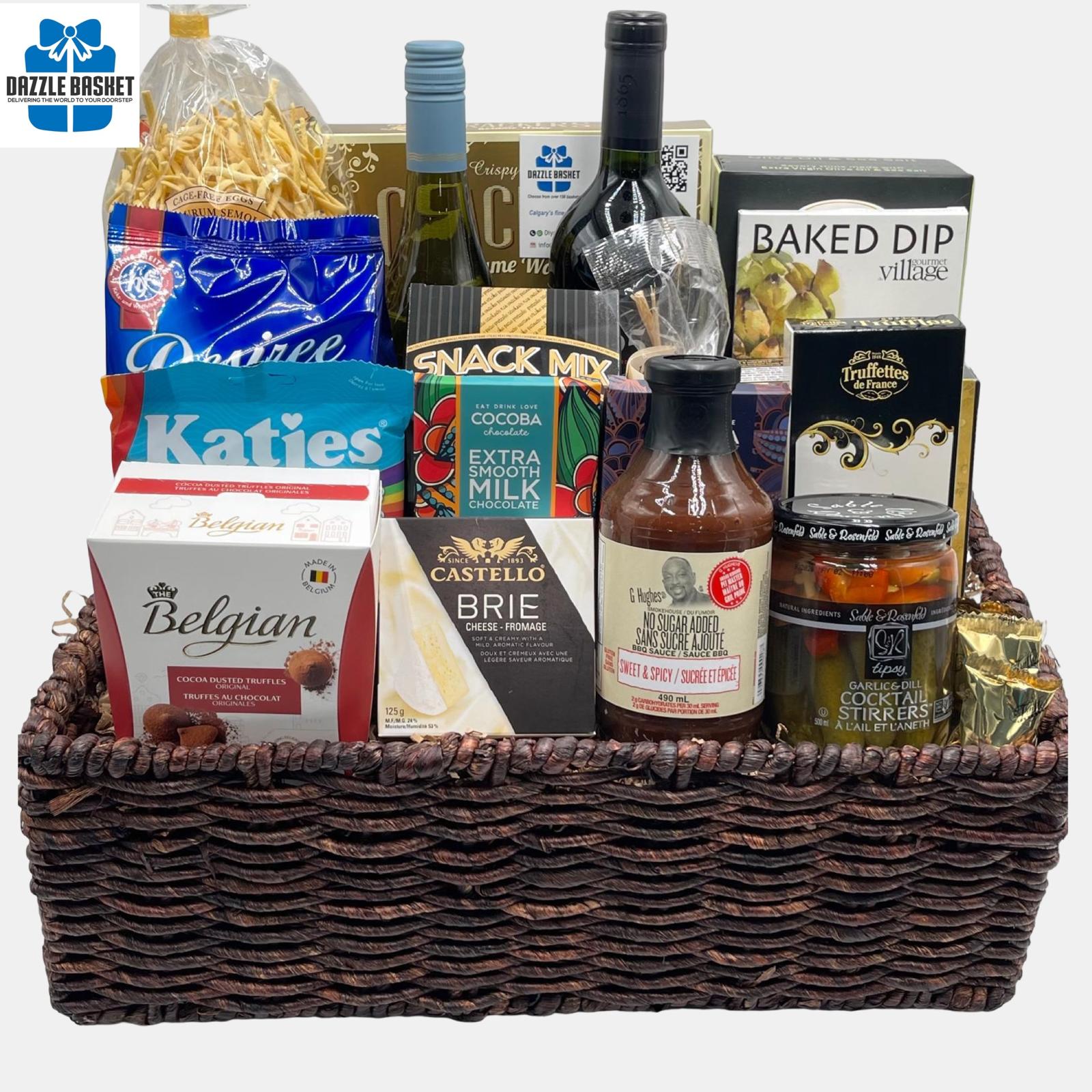 Award winning wines with tasty gourmet snacks placed perfectly in a XL size corn market tray make up this  very popular made in Calgary wine gift basket.