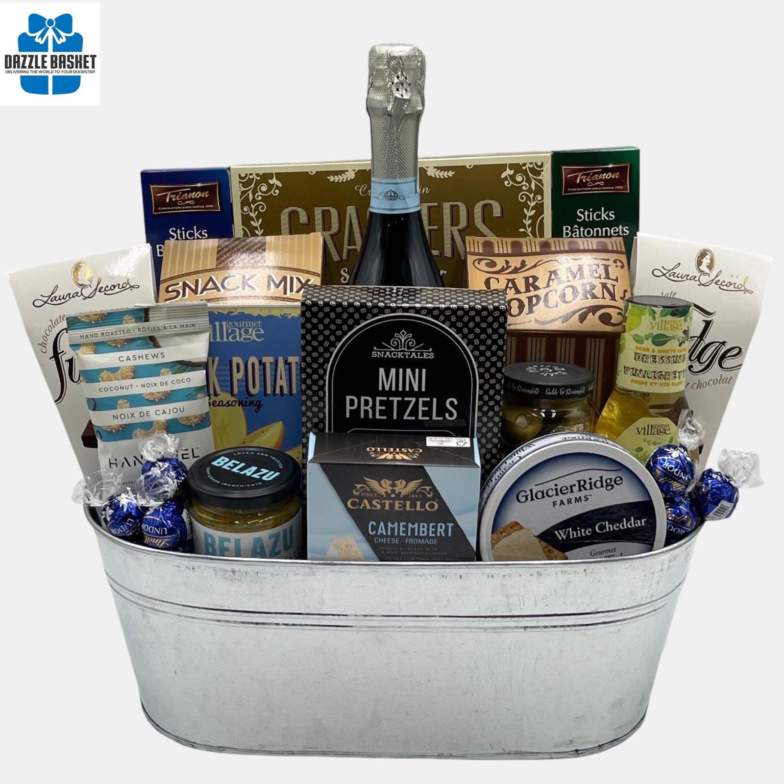 Gift baskets Calgary-Made in a metal container, this made in Calgary Prosecco gift basket includes an award winning bottle of Prosecco and tasty gourmet snacks. 