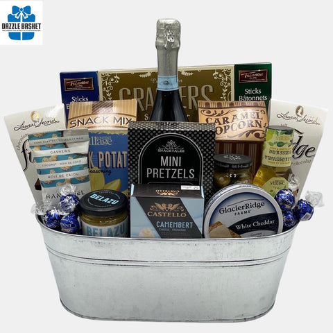 Gift baskets Calgary-Made in a metal container, this made in Calgary Prosecco gift basket includes an award winning bottle of Prosecco and tasty gourmet snacks. 