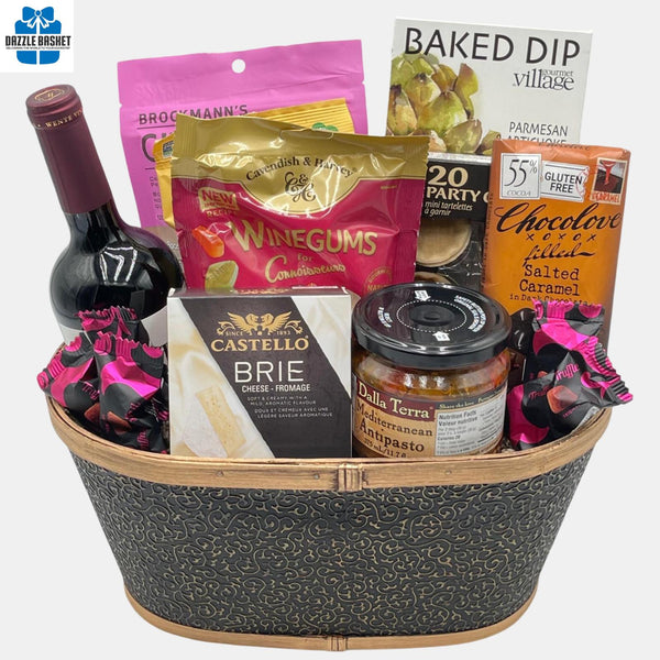 Finest wine gift basket Calgary offers that includes a bottle of wine and delicious gourmet snacks.