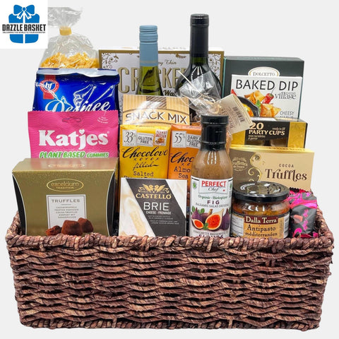 An award winning wine with tasty gourmet snacks placed perfectly in a beautiful metal container make up this  very popular made in Calgary wine gift basket.