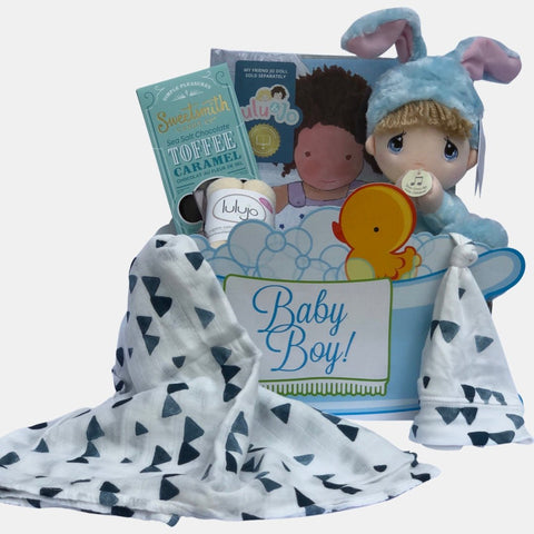 A made in Calgary beautiful gift basket for a baby boy. It includes everything that baby will need during the first few months. Great gift for newborn.