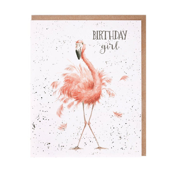 A birthday greeting card that depicts a flamingo and is meant for a girl. 