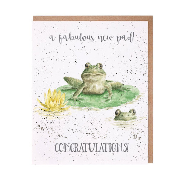 A greeting card for the New Home Owner. This card has a picture of a frog sitting on a leaf - his pad