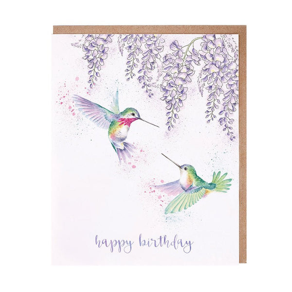 A birthday greeting card that depicts two beautiful birds on the front and carries the text "Happy Birthday"