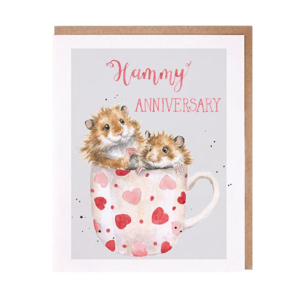 A greeting that has 2 little mice in a cup and front of the card reads "Hummy Anniversary"