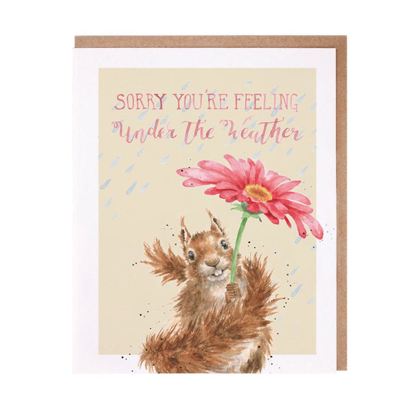 A lovely greeting card that shows picture of a squirrel holding a flower as an umbrella in rain and has 'Sorry you are feeting under the weather' written on the front.