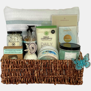 A made in Calgary spa gift basket that includes  quality spa products in a beautiful corn tray.