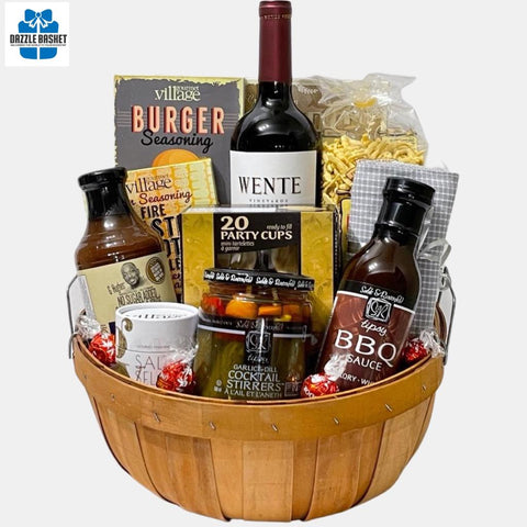 Created in a bushel, this made in Calgary BBQ gift basket has delicious products and an award winning wine that make for a perfect BBQ