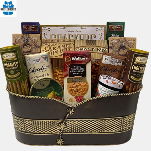 Gift baskets Calgary from Dazzle Basket: A gourmet gift basket that includes delicious gourmet snacks packed in a brown & golden oval metal basket.
