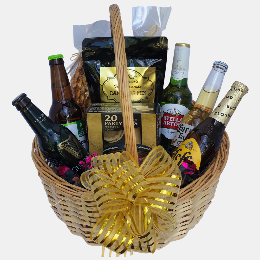 Finest beer basket Calgary offers. It includes five classic beers and delicious gourmet snacks to enjoy.