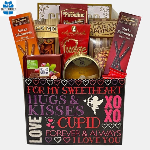 Finest food gift basket Calgary offers from Dazzle Basket-A gourmet snacks gift basket that includes delicious snacks and chocolates to celebrate your perfect love.