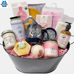 This top of the line spa gift basket from Dazzle Basket is one of the finest spa gift baskets. This basket made in a black colored metal container is overflowing with quality spa products.