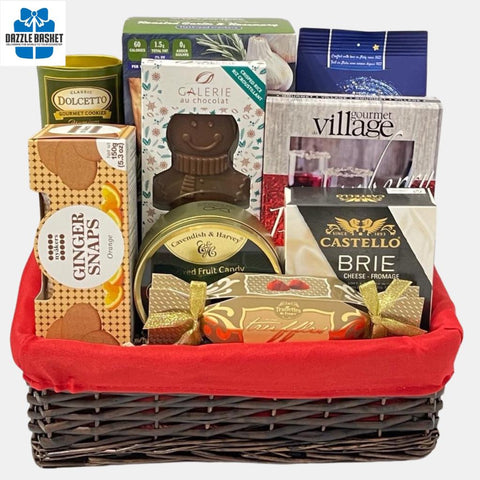 Holiday gift baskets Calgary- Delightful Gourmet- A collection of sweet and savory snacks from Dazzle Basket in a basket with red liner.