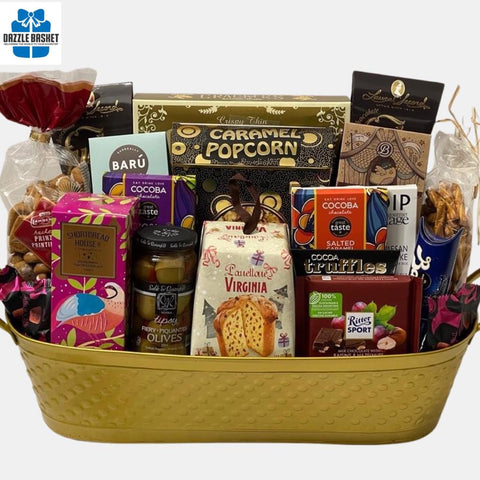 Dazzle Basket- Holiday gift basket- Affection is the finest gift basket Calgary offers and includes delicious gourmet snacks for Holiday season.