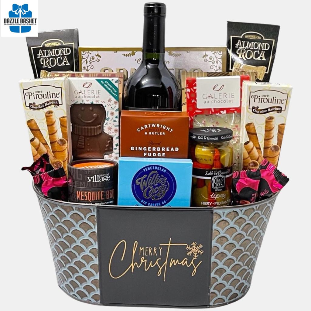 One of the finest gift baskets Calgary offers- Merry Christmas holiday gift basket includes a bottle of wine and tasty gourmet snacks from top brands.