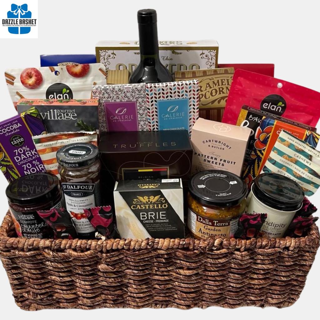 Gift Baskets Calgary-Dazzle Basket- Big Chill is a Christmas gift basket filled with holiday themed gourmet snacks and a bottle of wine arranged in a corn market tray. A perfect Calgary gift basket.