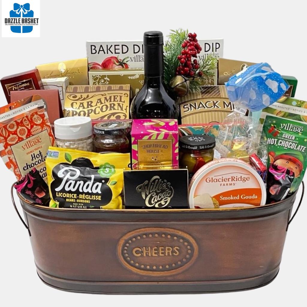 A gigantic Calgary gift basket from Dazzle Basket ith a bottle of wine, quality gourmet snacks arranged in an innovative manner in an extra large metal container.