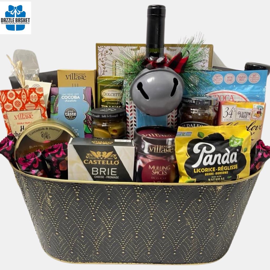 Gift baskets Calgary from Dazzle Basket- A collection of tasty food products with wine arranged neatly in a black gold container.