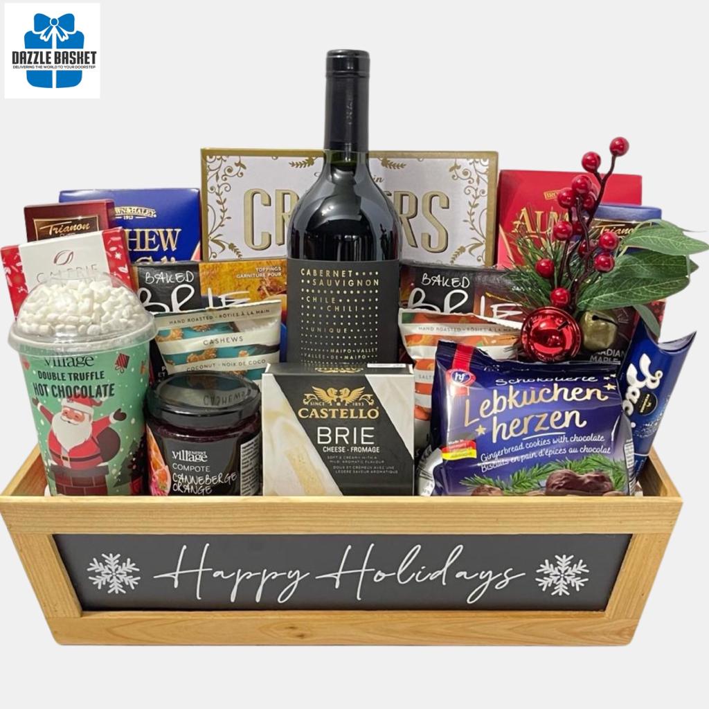 Holiday gift baskets Calgary- Happy Holidays from Dazzle Basket includes a wine and gourmet snacks for this amazing Holiday season.