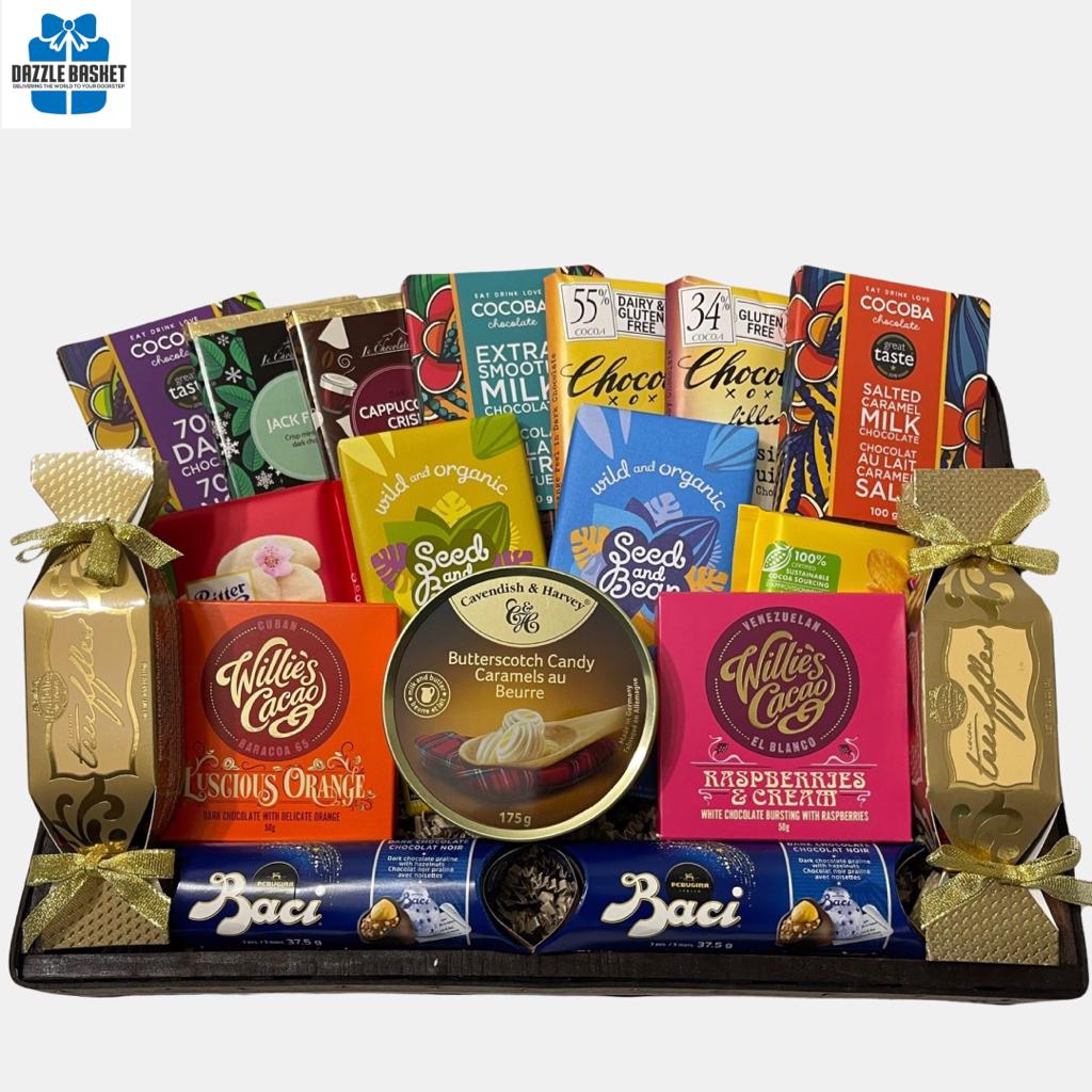 Gift baskets Calgary- Choco Delight by Dazzle Basket- A large baskets filled with chocolate bars of all types selected  for their taste and quality from global suppliers