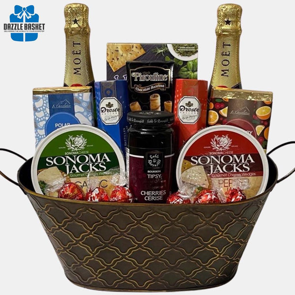 A made in Calgary champagne gift basket with two bottles of Moet Champagne & delicious gourmet snack to celebrate life's special occasions.