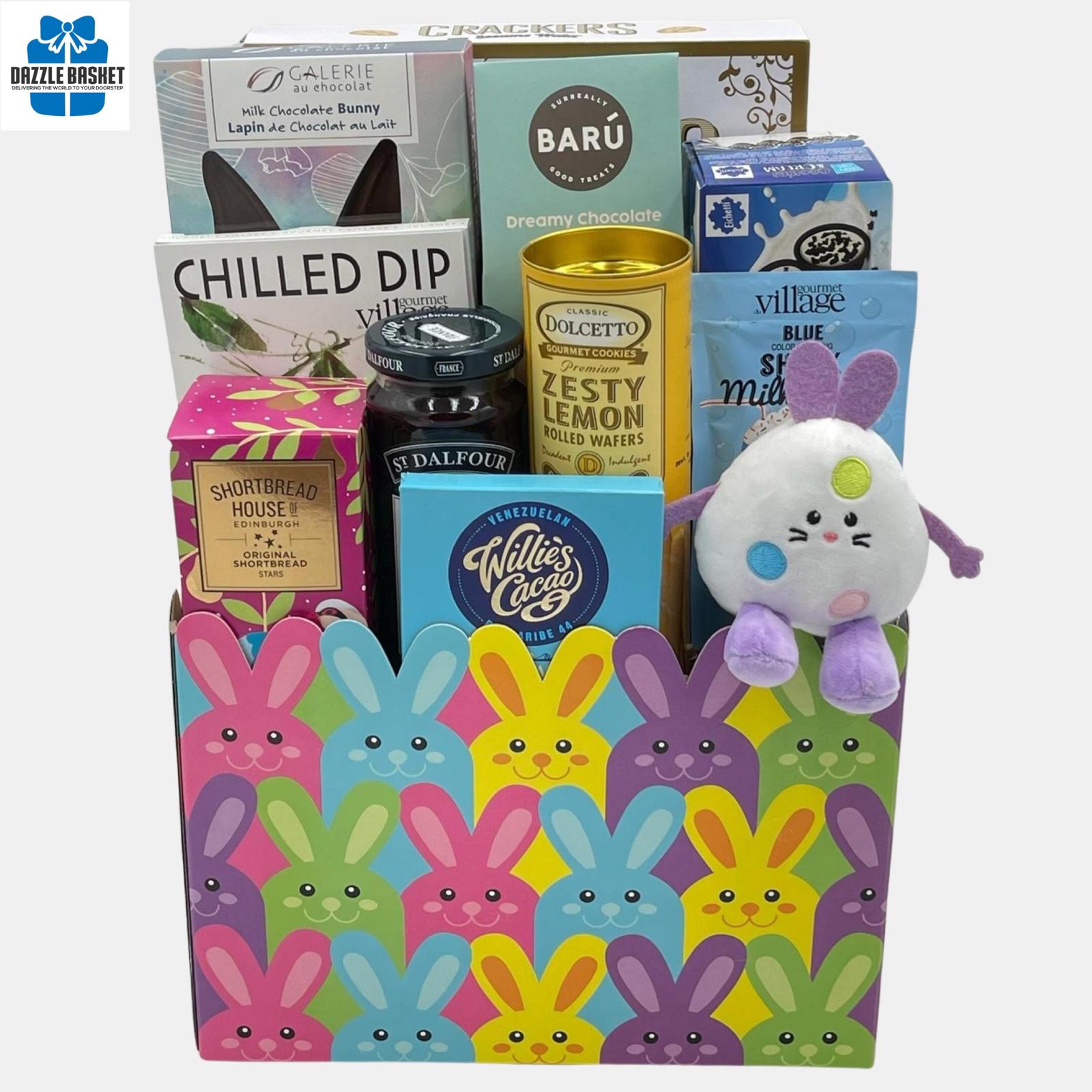 A Calgary Easter gift basket with Easter themed chocolates and gourmet snacks arranged beautifully in a bunny themed box.