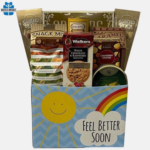 A get well soon made in Calgary gift basket filled with quality gourmet snacks to wish your loved one a speedy recovery