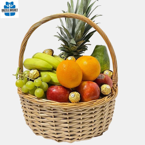 A made in Calgary fresh fruits basket with chocolates arranged neatly in round willow basket.