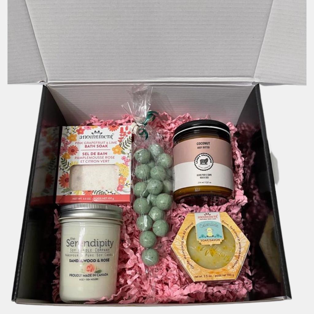 This colorful made in Calgary gift box includes a candle, spa products and chocolate. 