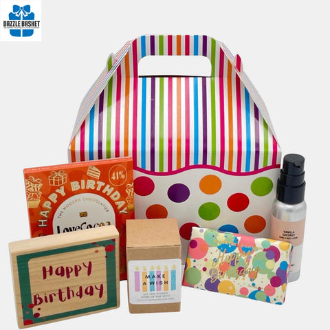 Calgary birthday gift from Dazzle Basket- A gable box that contains all essentials for a birthday celebration including a candle, chocolate, wooden plaque and much more.