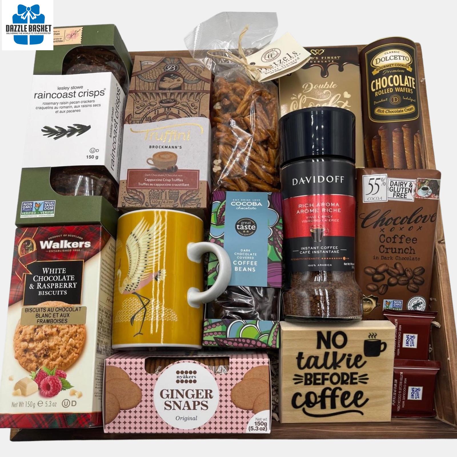 Coffee gift basket Calgary from Dazzle Basket - Perfect gift Calgary for a coffee lover. It has great gourmet snacks that can be savored over a coffee