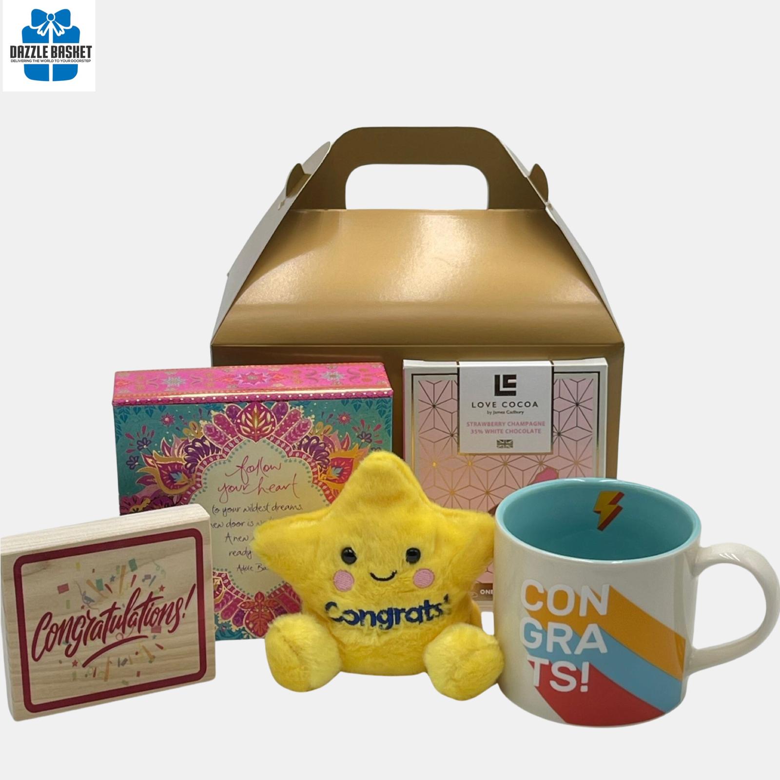 A Congratulations gift box that includes a Congratulations plaque, a Congratulations mug along with number of other products to make the recipient feel extra special.