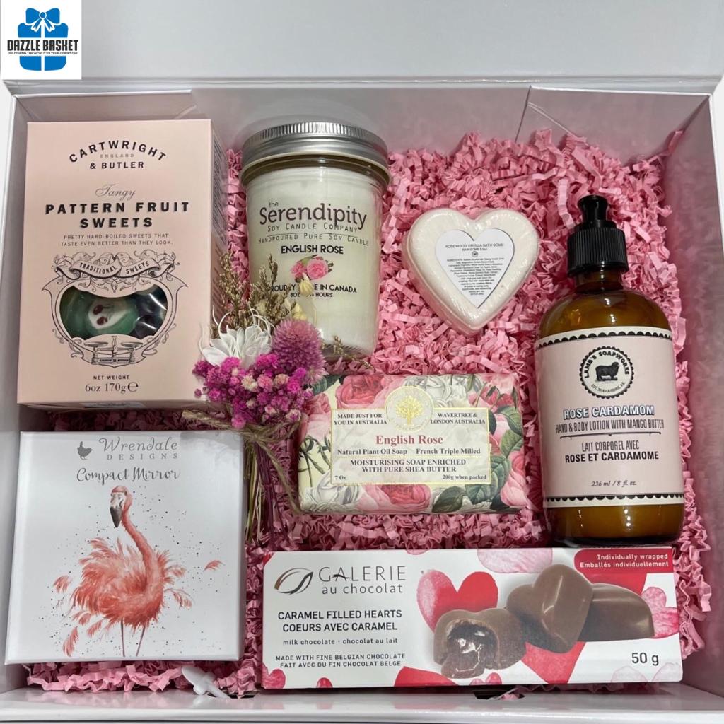 Fibest Gift Baskets Calgary from Dazzle Basket: A perfect made in Calgary love gift box for Her that includes love themed  products including chocolate, candies and spa products for HER