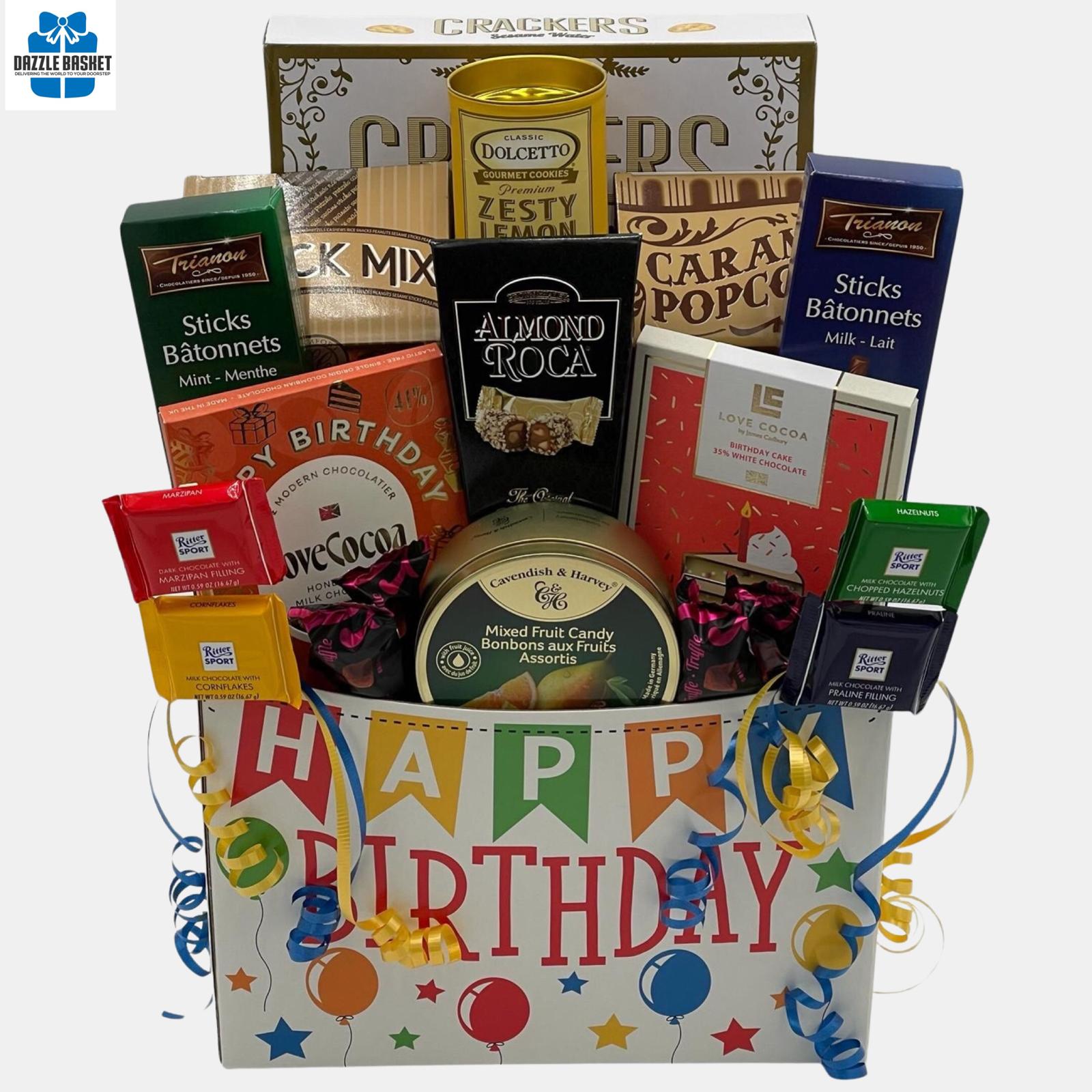 Calgary birthday gift basket that includes delicious gourmet snacks including chocolates packed in a colorful large paper box