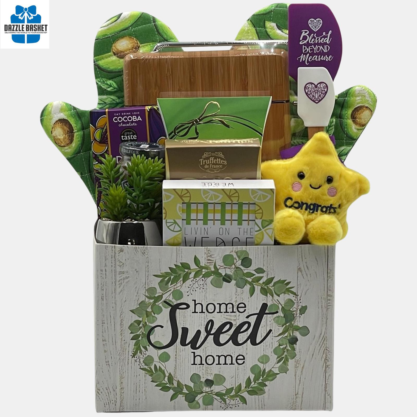 A made in Calgary housewarming gift basket that includes gourmet sweet and savory snacks & household products to go with it. It also has a plush cow toy. The products are arranged neatly in a "Home Sweet Home" container. 