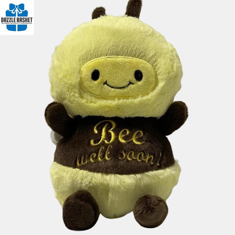 Plush toy from Dazzle Basket- This 9.5" Bee plush toy is a Calgary Get Well gift with words "Bee Well Soon" embroidered on it.